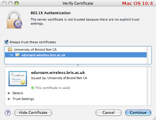 Certificate verification window